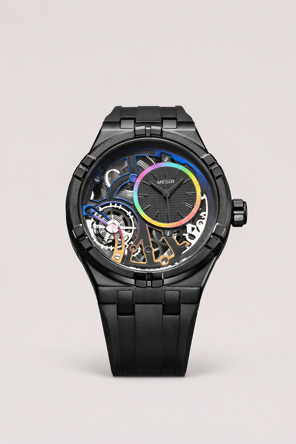 Montre mécanique homme à cadran ouvert, bracelet en silicone