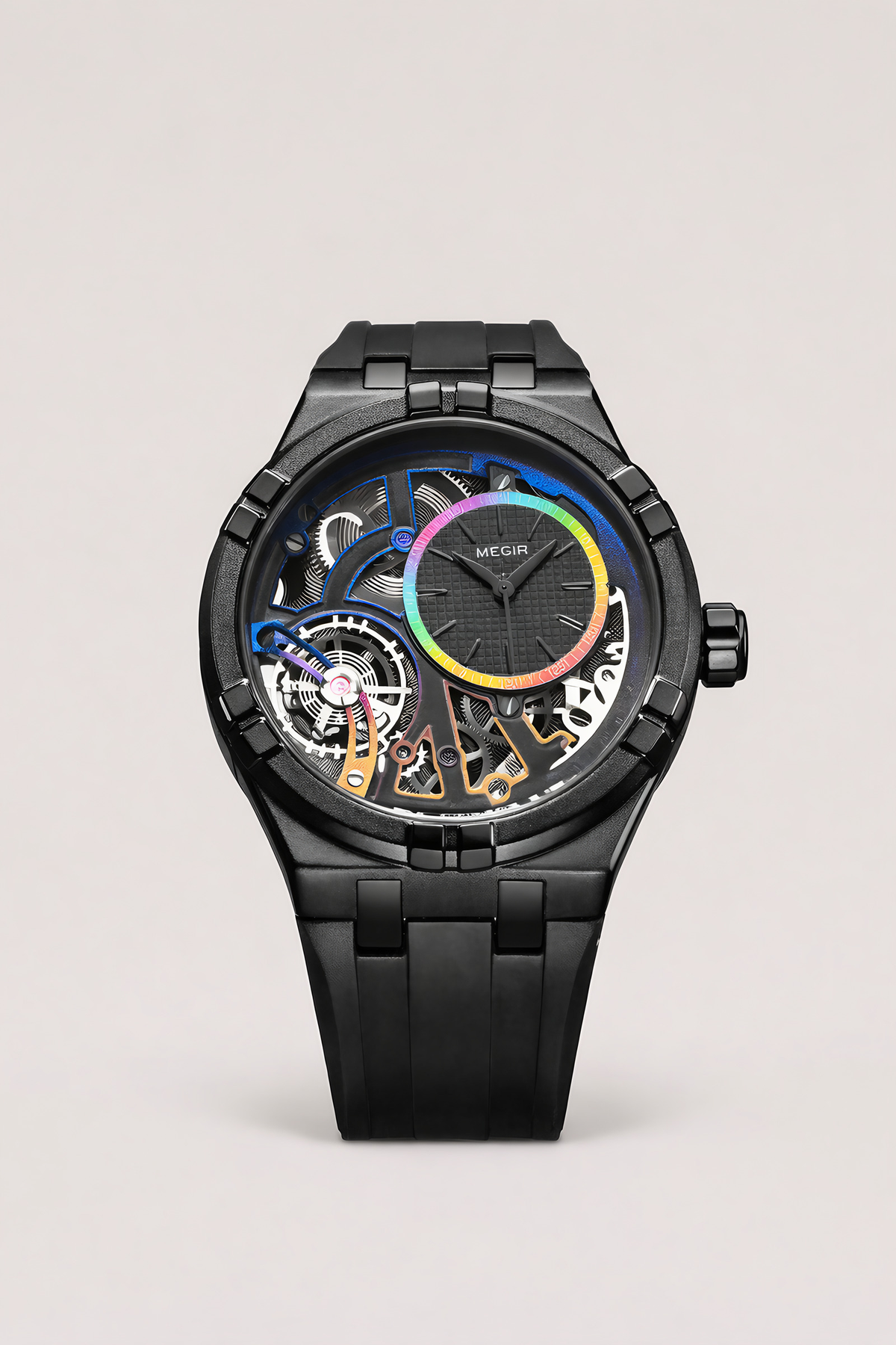 Montre mécanique homme à cadran ouvert, bracelet en silicone