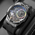 Montre mécanique homme à cadran ouvert, bracelet en silicone, noir