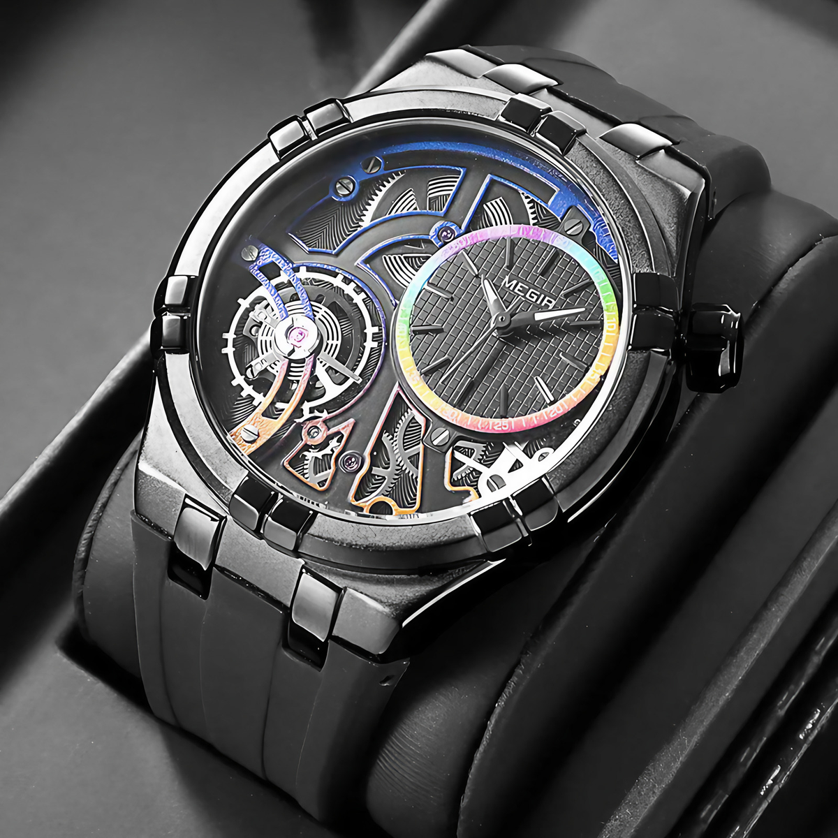 Montre mécanique homme à cadran ouvert, bracelet en silicone, noir