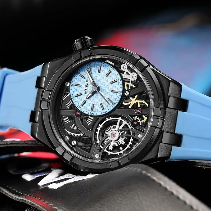 Montre mécanique homme à cadran ouvert, bracelet en silicone, bleu