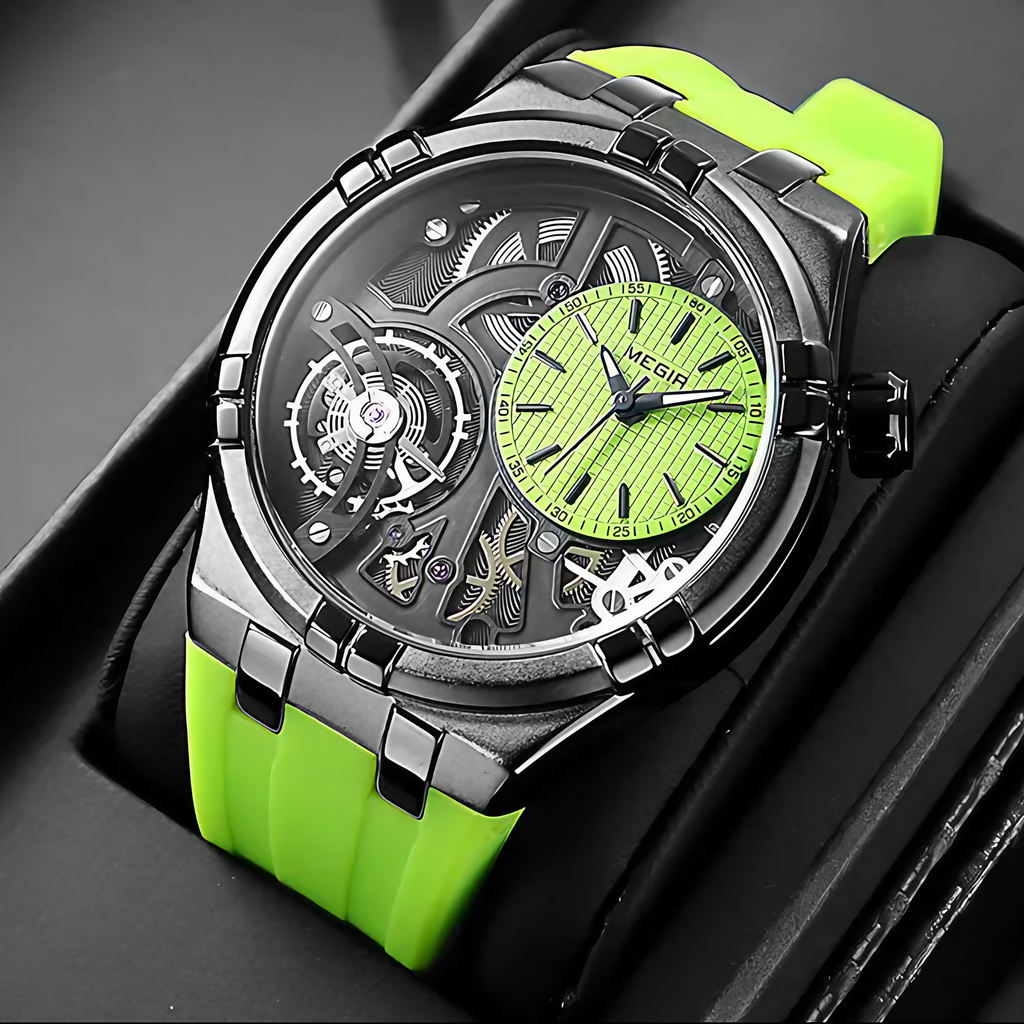 Montre mécanique homme à cadran ouvert, bracelet en silicone, vert