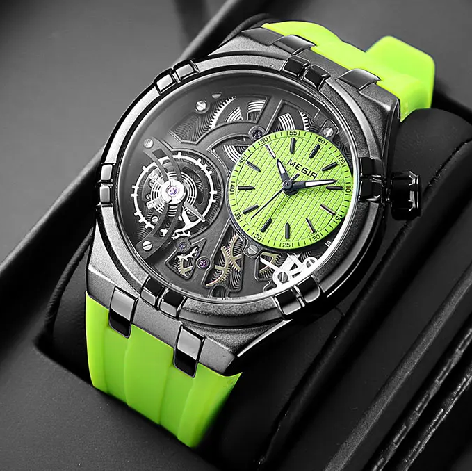 Montre mécanique homme à cadran ouvert, bracelet en silicone, vert