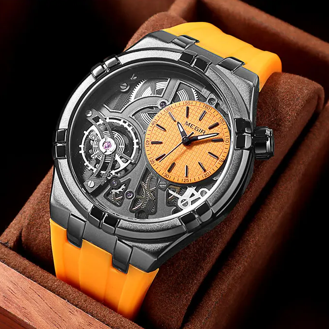 Montre mécanique homme à cadran ouvert, bracelet en silicone, orange