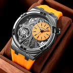 Montre mécanique homme à cadran ouvert, bracelet en silicone, orange