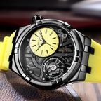 Montre mécanique homme à cadran ouvert, bracelet en silicone, jaune