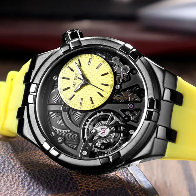 Montre mécanique homme à cadran ouvert, bracelet en silicone, jaune