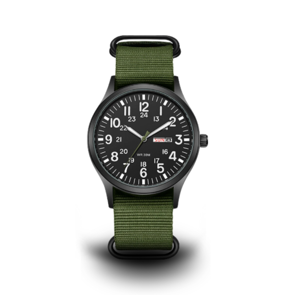 Montre militaire homme étanche 10 bar, cadran lumineux, vert et noir