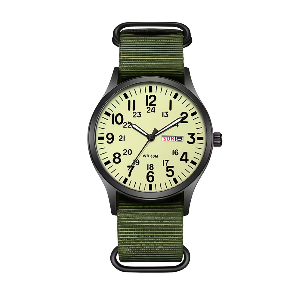 Montre militaire homme étanche 10 bar, cadran lumineux, vert fluo