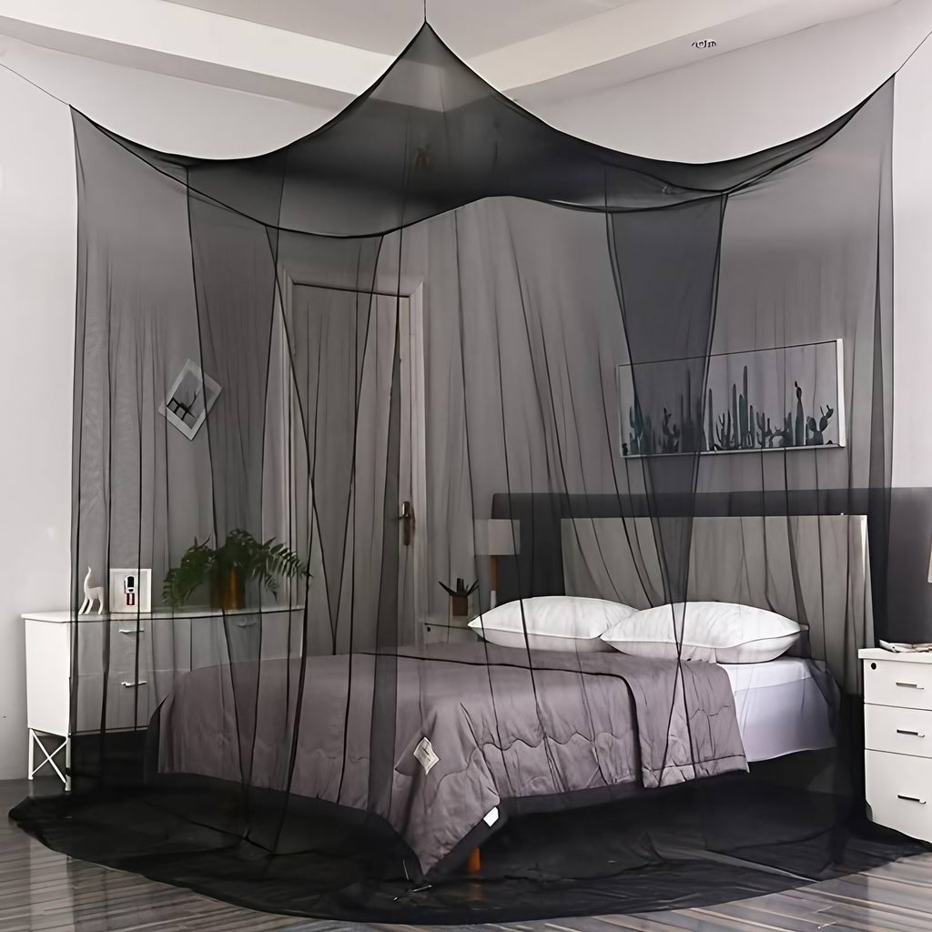 Moustiquaire de lit en ciel de lit, quatre ouvertures, noir ou blanc