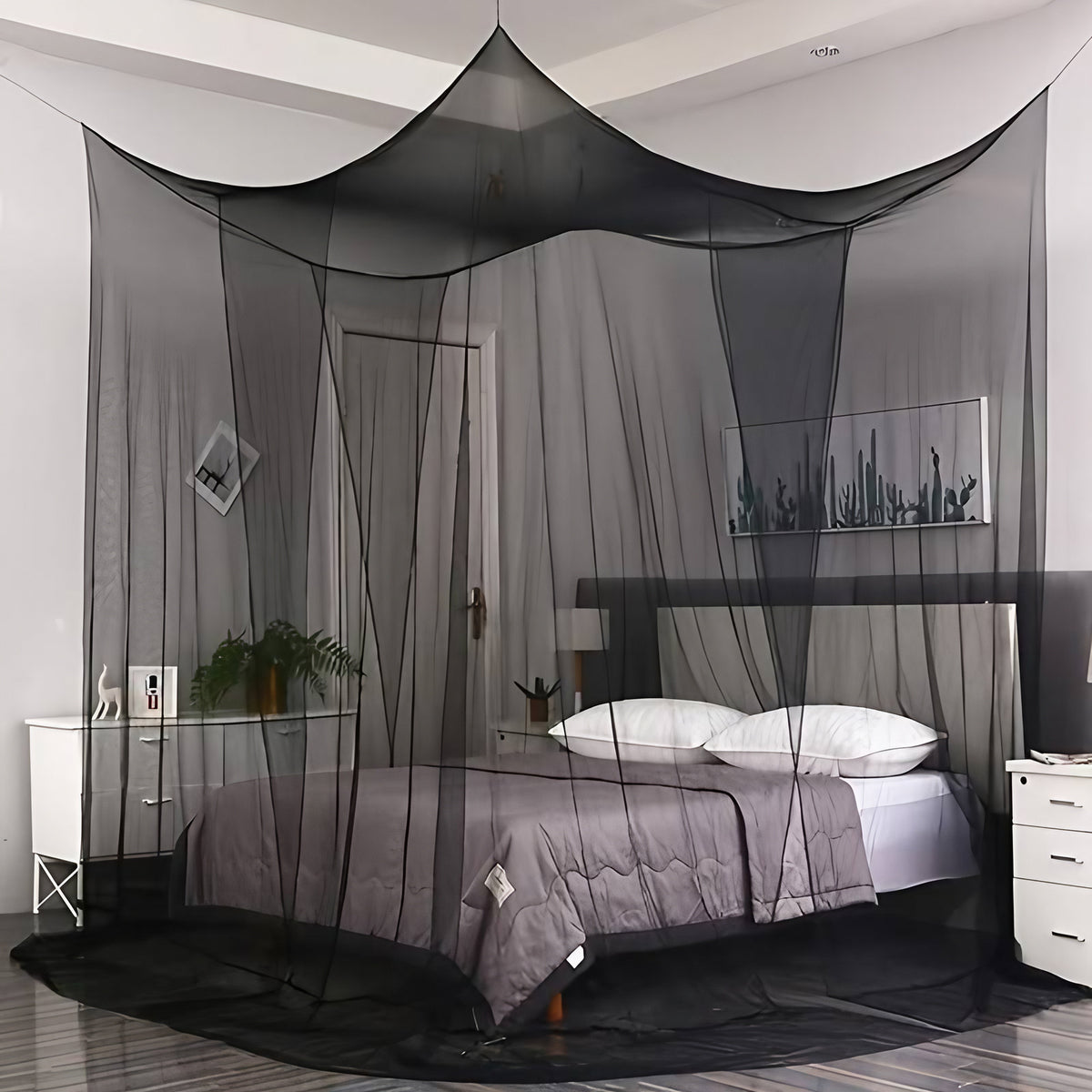 Moustiquaire de lit en ciel de lit, quatre ouvertures, noir ou blanc