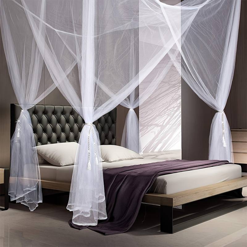 Moustiquaire de lit en ciel de lit, quatre ouvertures, noir ou blanc, blanc