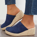 Mules compensées femme façon espadrille, talon 5 cm, bleu