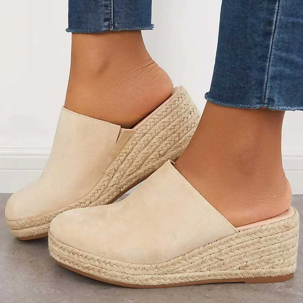 Mules compensées femme façon espadrille, talon 5 cm, beige