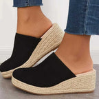 Mules compensées femme façon espadrille, talon 5 cm, noir