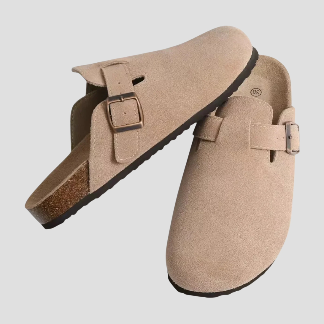 Mules mixtes à boucle réglable et semelle ergonomique, beige