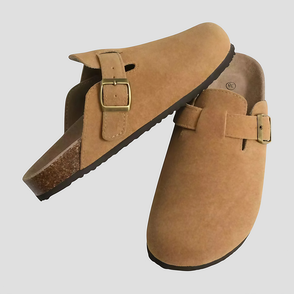 Mules mixtes à boucle réglable et semelle ergonomique, marron