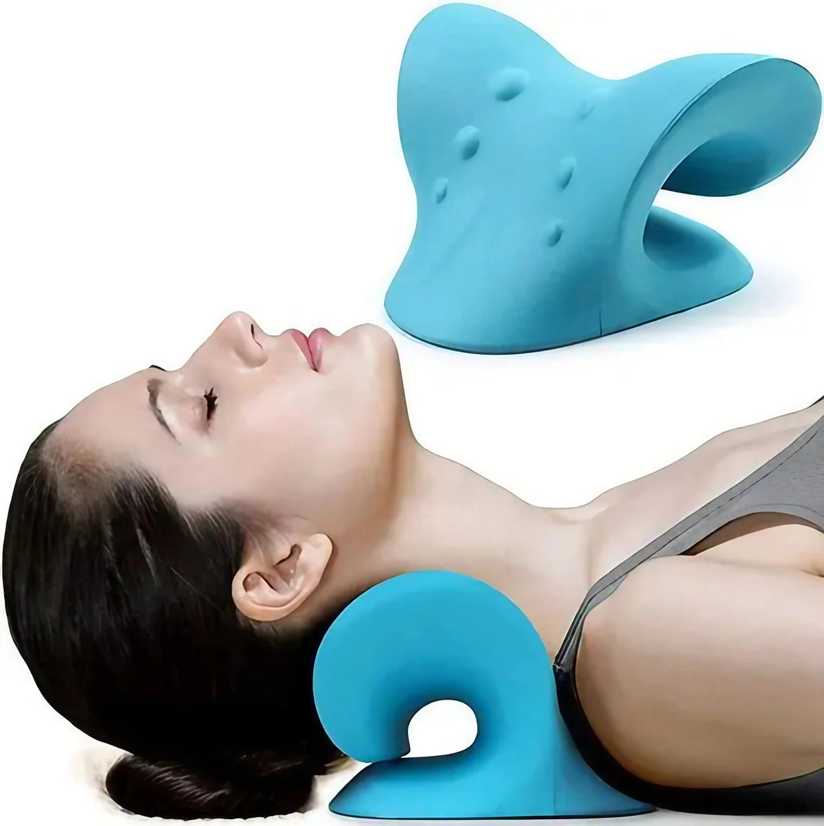 Oreiller ergonomique en forme de C avec rainure pour la nuque, bleu