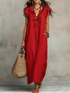 Robe longue bohème en lin et coton à volants, avec poches, rouge
