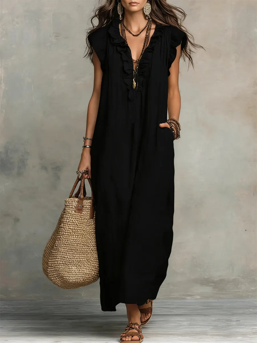 Robe longue bohème en lin et coton à volants, avec poches, noir