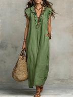 Robe longue bohème en lin et coton à volants, avec poches, vert