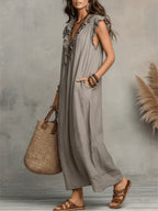 Robe longue bohème en lin et coton à volants, avec poches