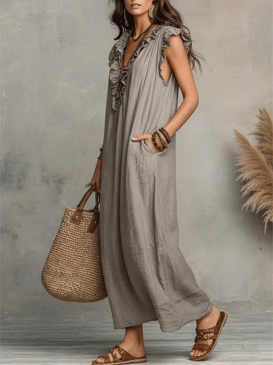 Robe longue bohème en lin et coton à volants, avec poches