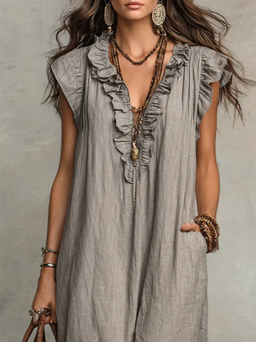 Robe longue bohème en lin et coton à volants, avec poches