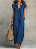 Robe longue bohème en lin et coton à volants, avec poches, bleu