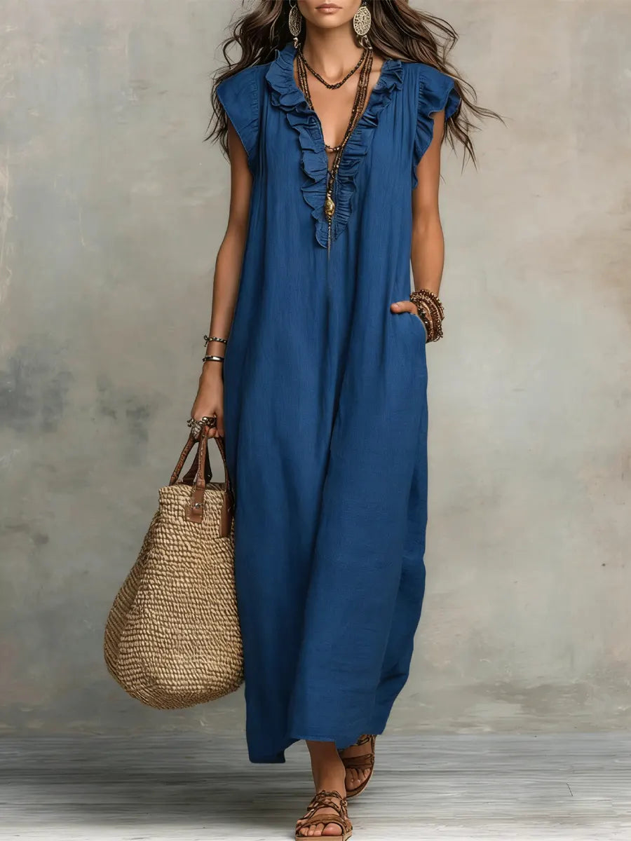 Robe longue bohème en lin et coton à volants, avec poches, bleu