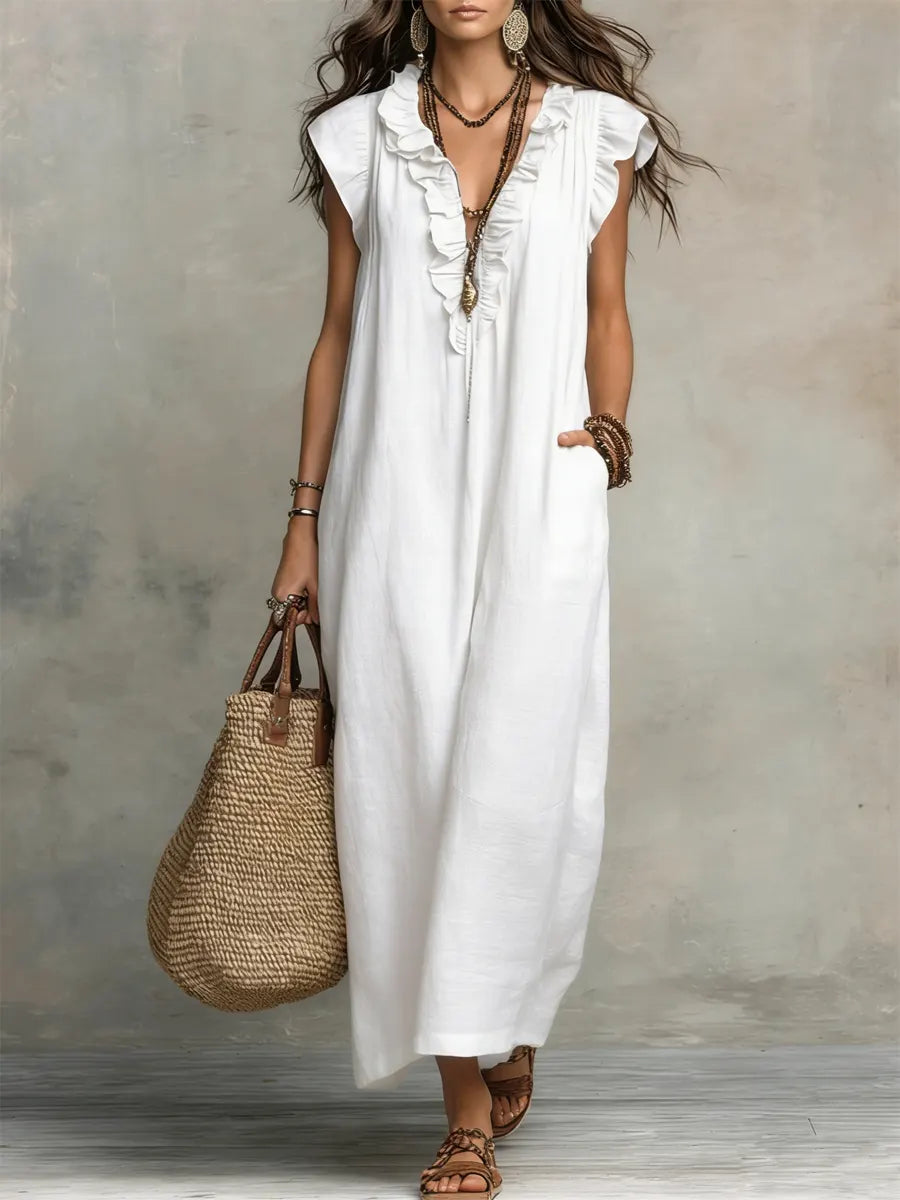 Robe longue bohème en lin et coton à volants, avec poches, blanc