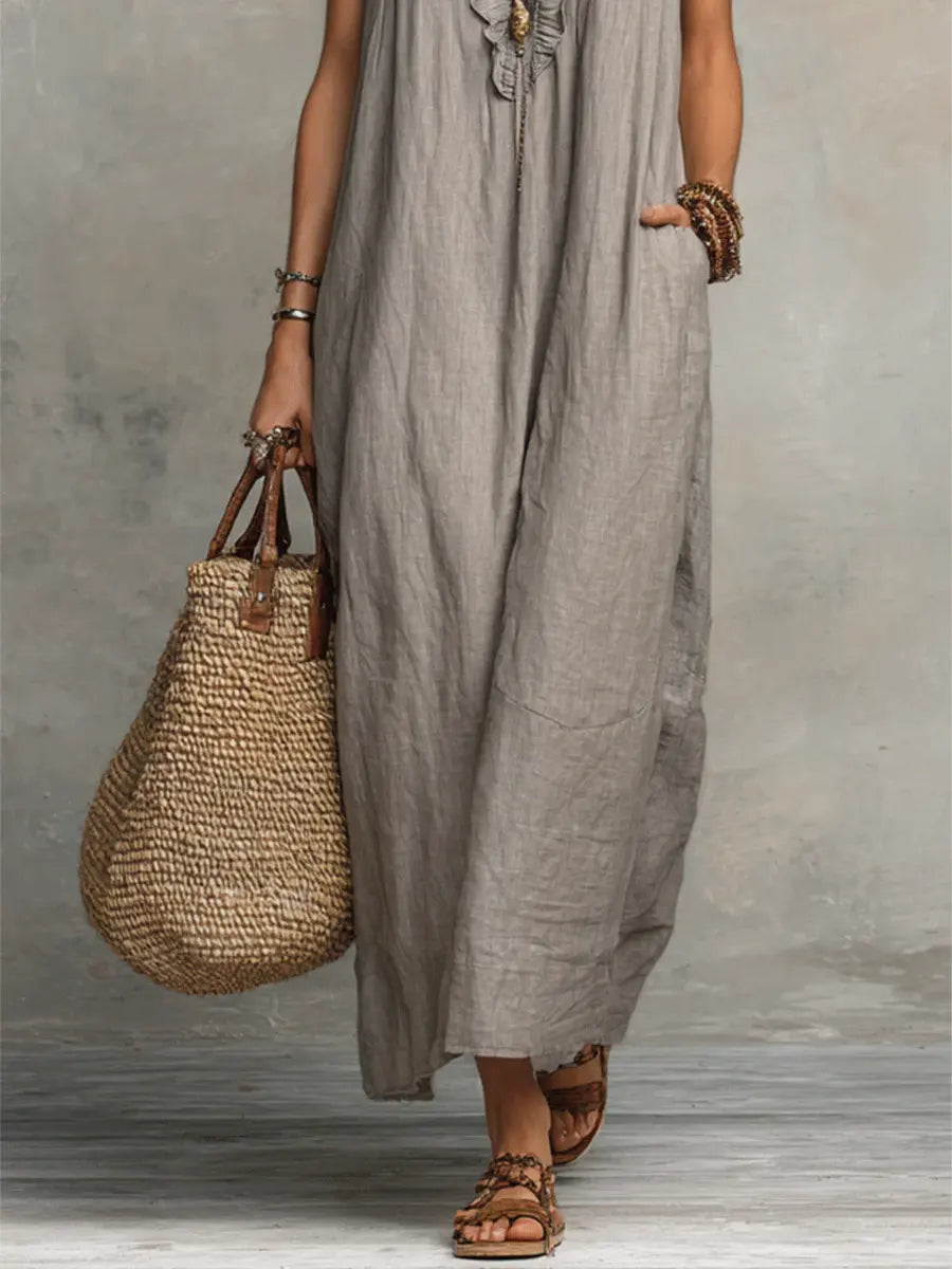 Robe longue bohème en lin et coton à volants, avec poches