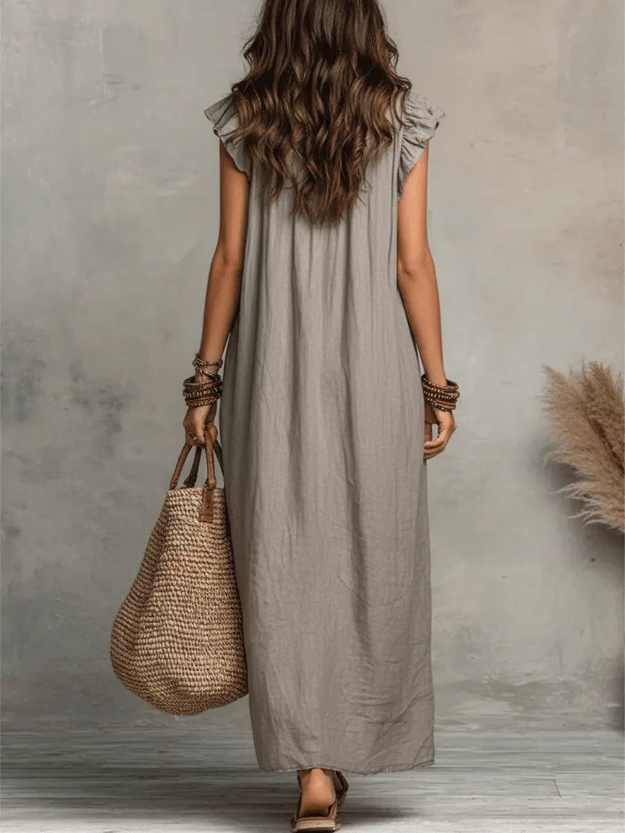 Robe longue bohème en lin et coton à volants, avec poches