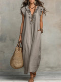 Robe longue bohème en lin et coton à volants, avec poches, gris