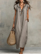 Robe longue bohème en lin et coton à volants, avec poches, gris