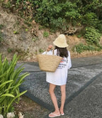 Panier de plage femme tressé, doublure à cordon, 52 x 29 cm