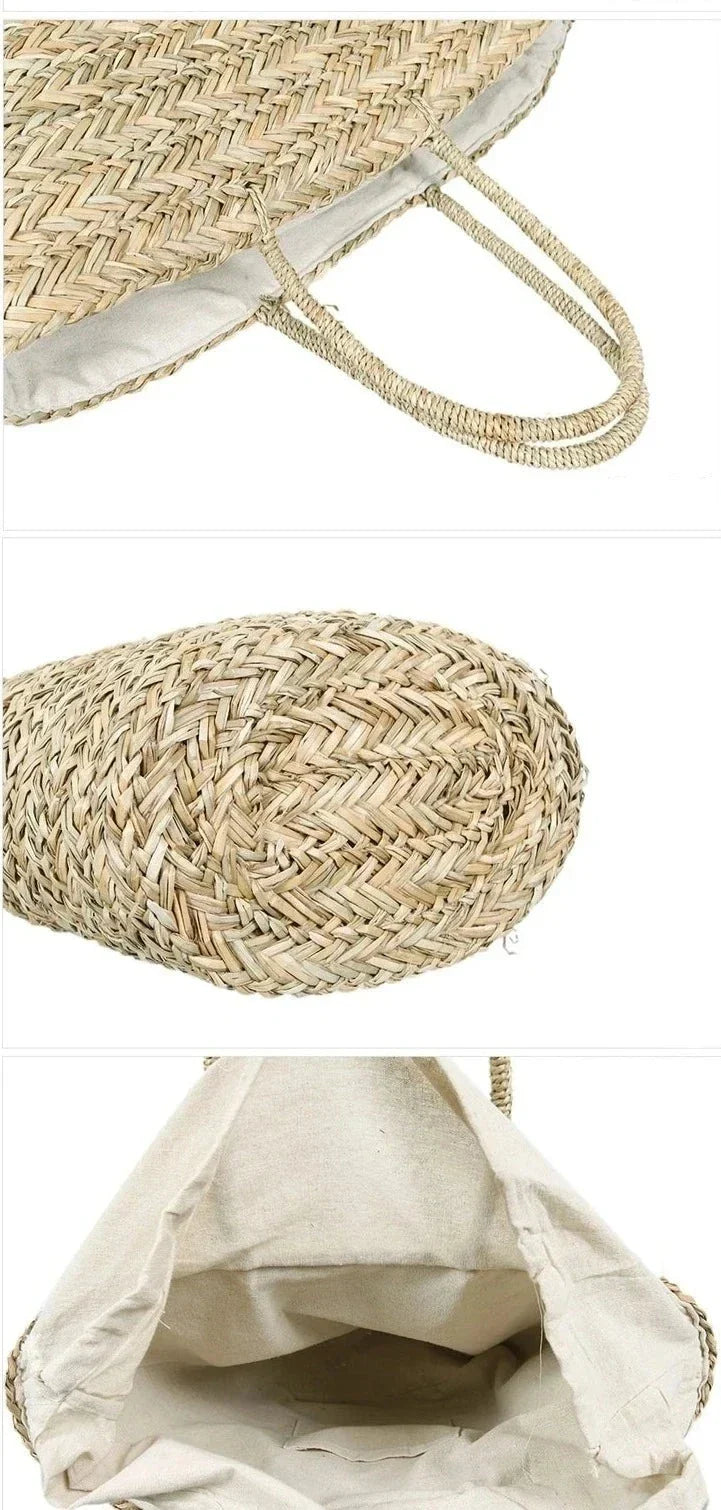 Panier de plage femme tressé, doublure à cordon, 52 x 29 cm