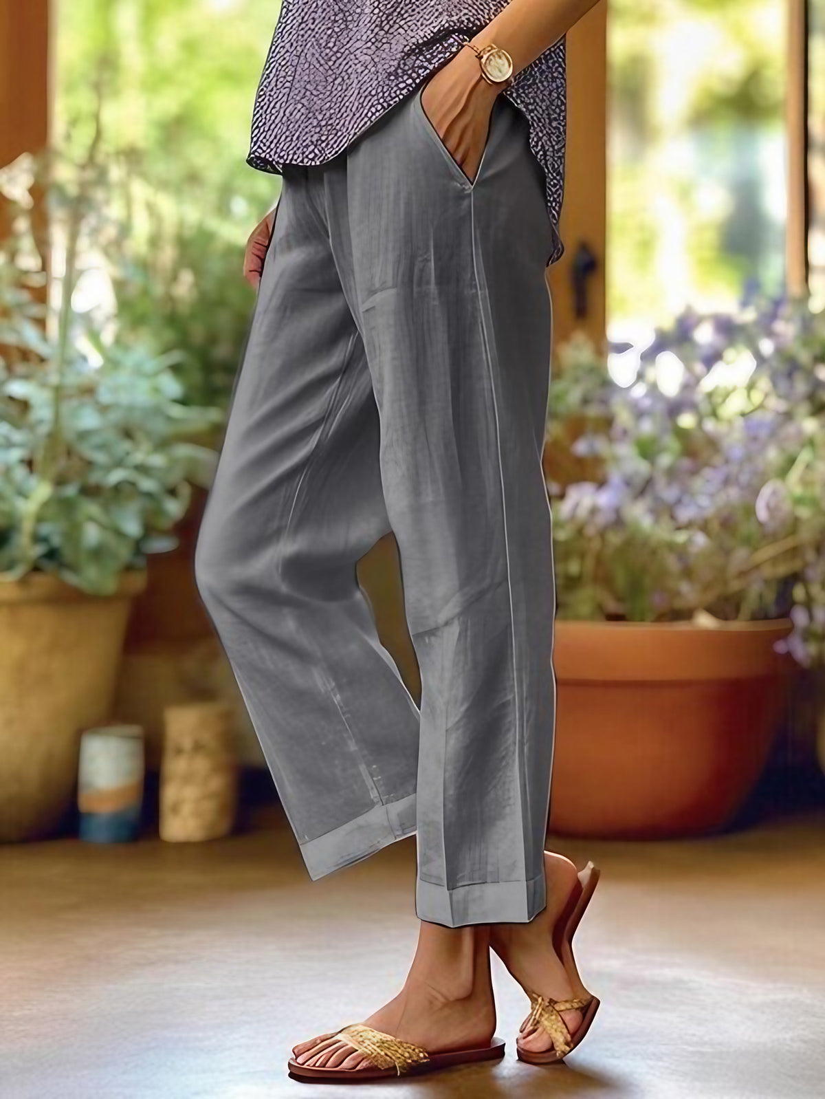 Pantalon en lin femme, coupe large et fluide, six coloris, gris