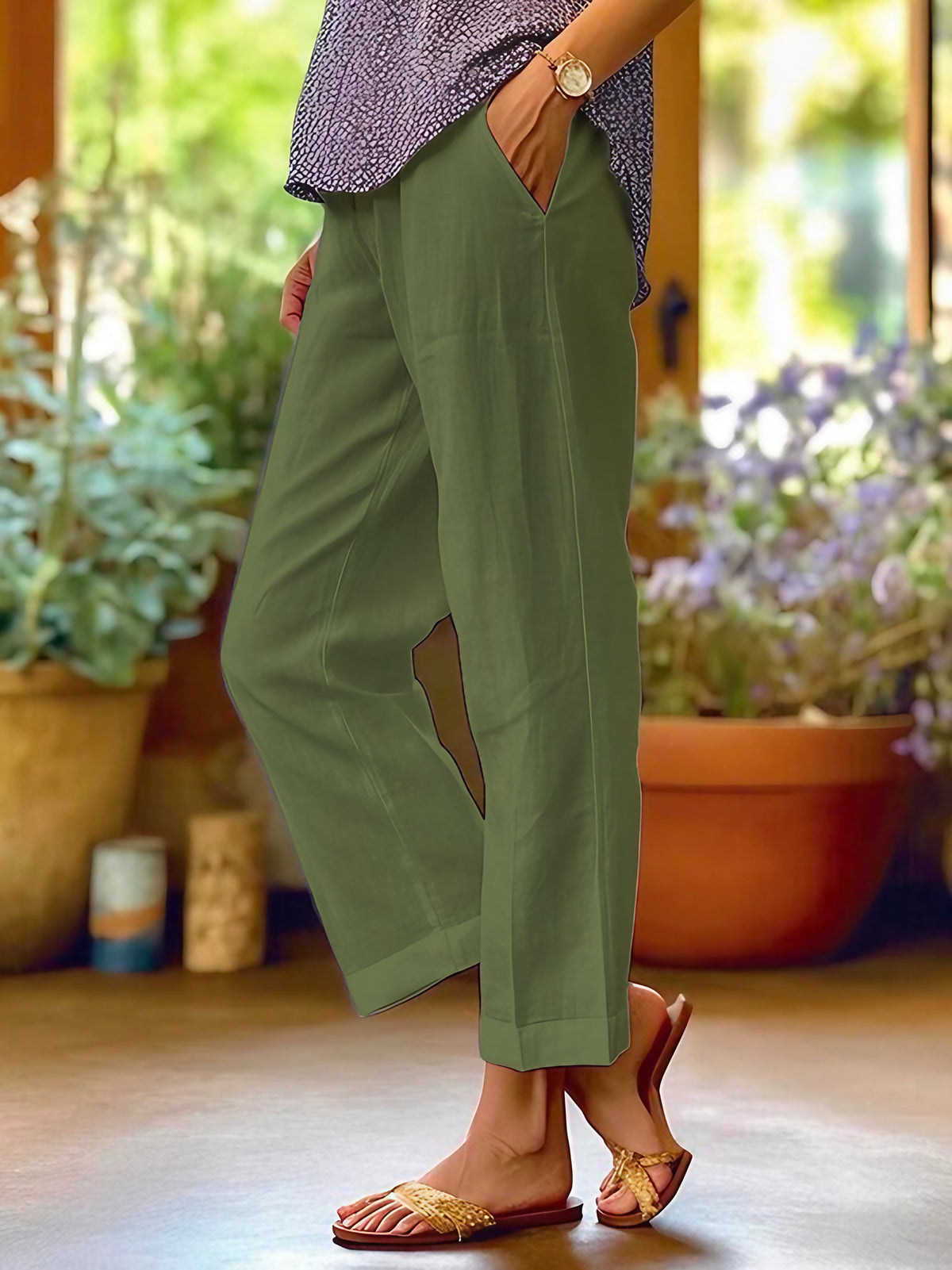 Pantalon en lin femme, coupe large et fluide, six coloris, vert