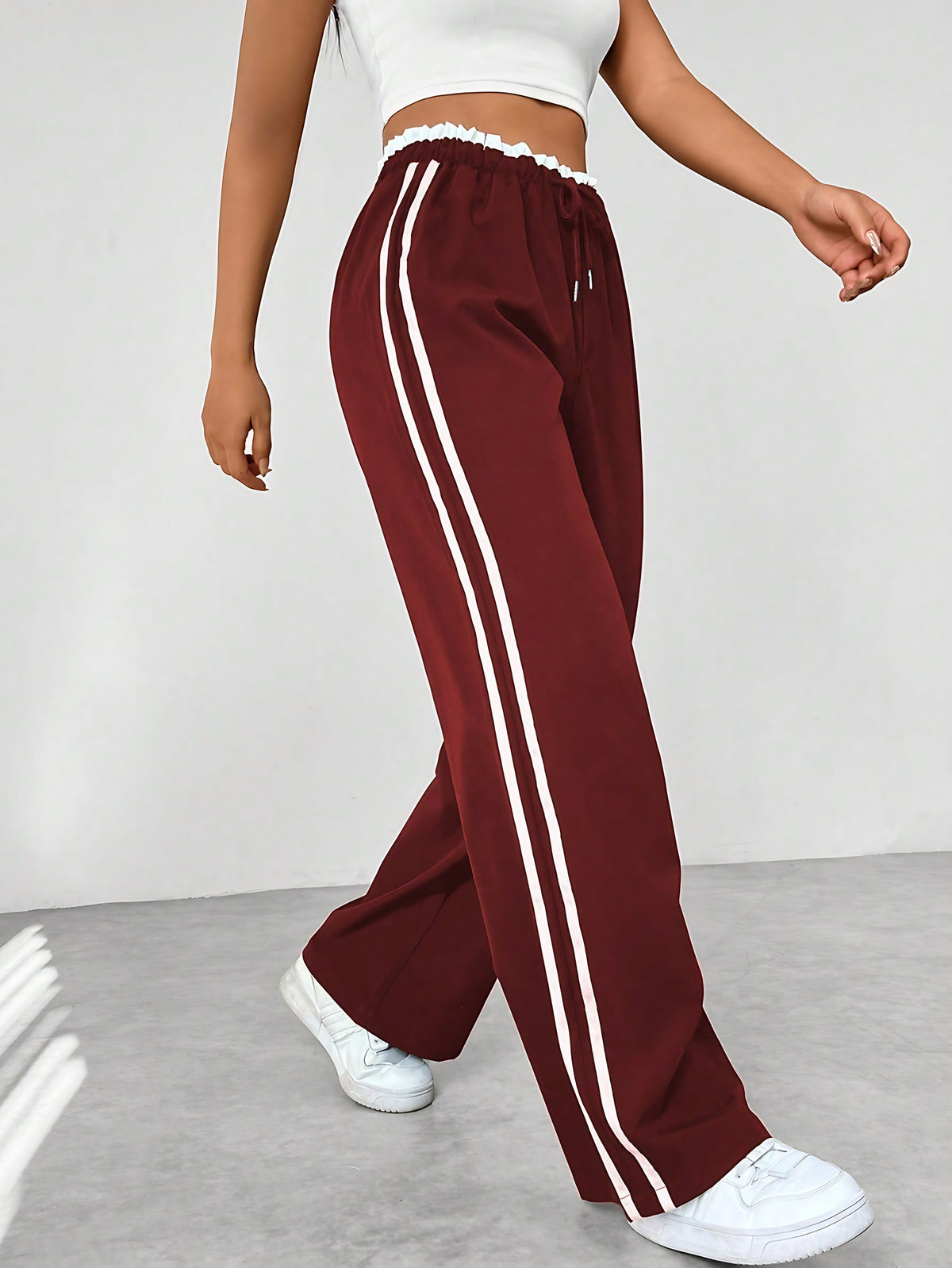Pantalon ample femme à bandes latérales, taille élastique, bordeaux