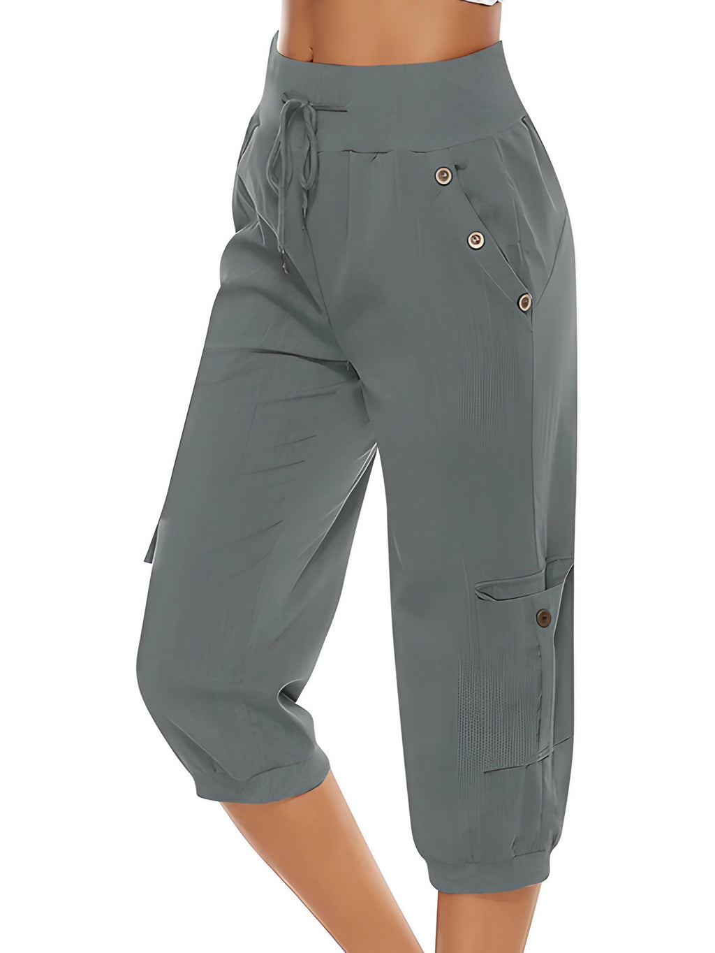 Pantalon capri femme à taille élastique, six coloris, gris