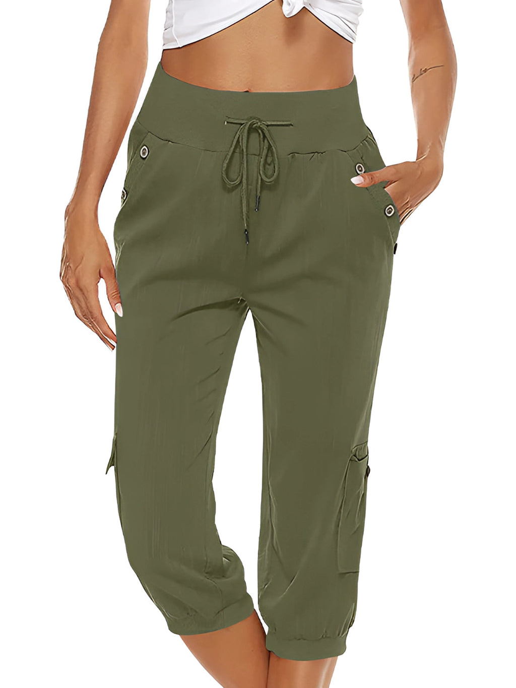 Pantalon capri femme à taille élastique, six coloris, vert foncé