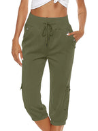 Pantalon capri femme à taille élastique, six coloris, vert foncé