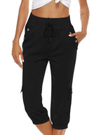Pantalon capri femme à taille élastique, six coloris, noir