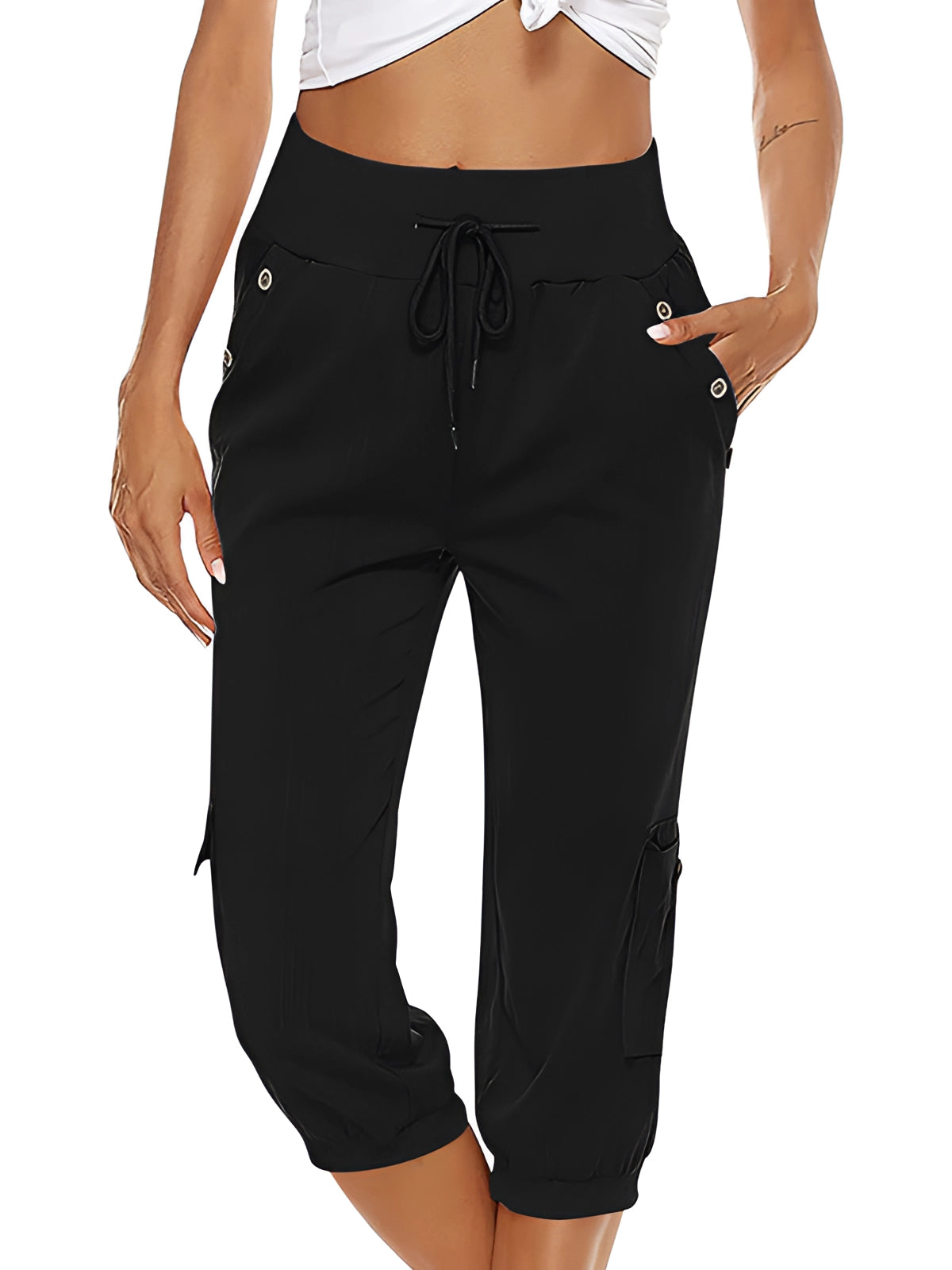 Pantalon capri femme à taille élastique, six coloris, noir