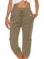 Pantalon capri femme à taille élastique, six coloris, kaki
