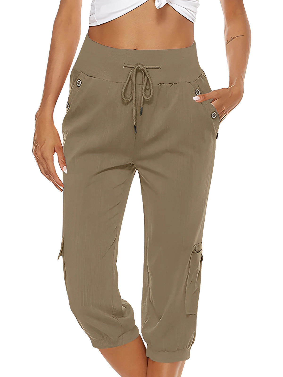 Pantalon capri femme à taille élastique, six coloris, kaki