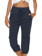 Pantalon capri femme à taille élastique, six coloris, bleu marine
