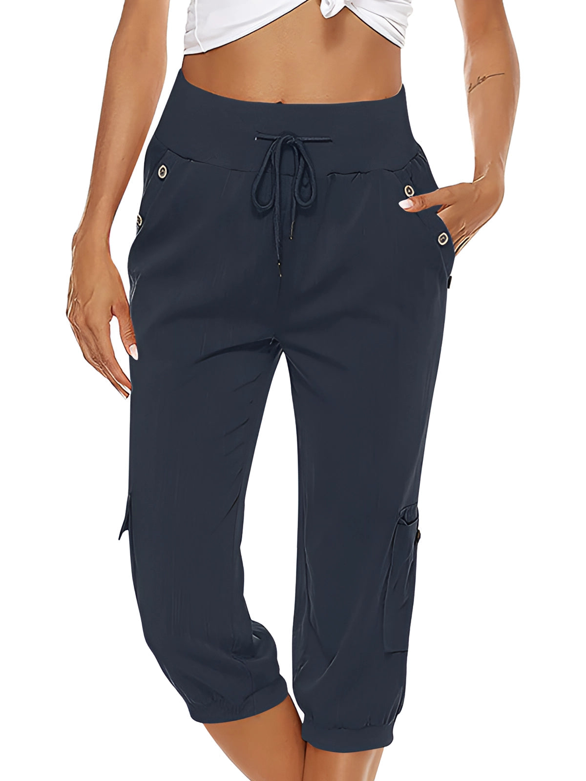 Pantalon capri femme à taille élastique, six coloris, bleu marine