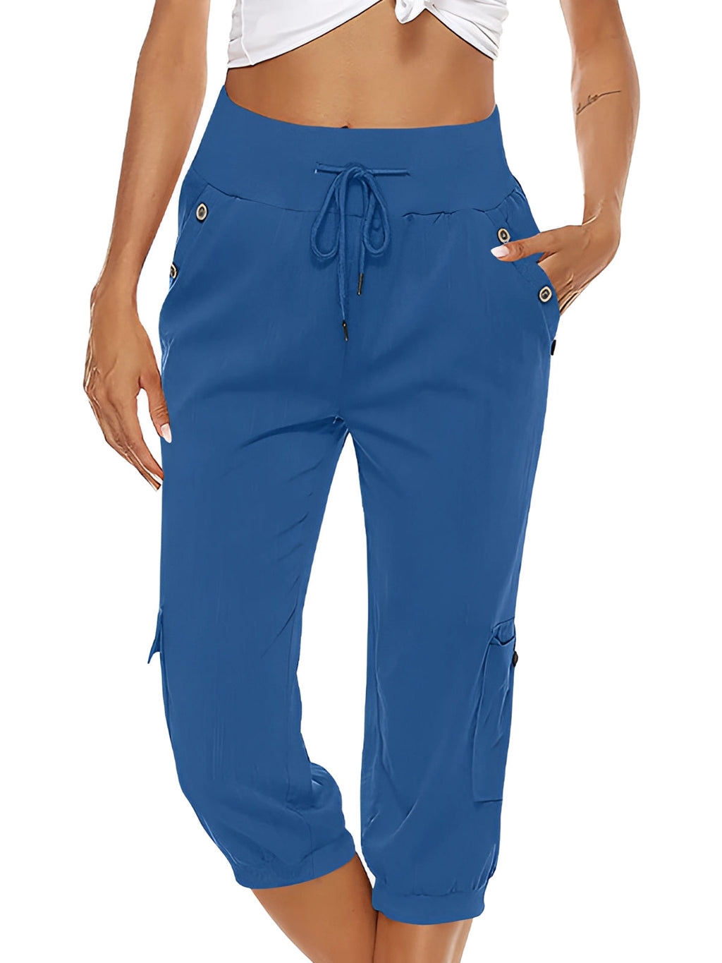 Pantalon capri femme à taille élastique, six coloris, bleu